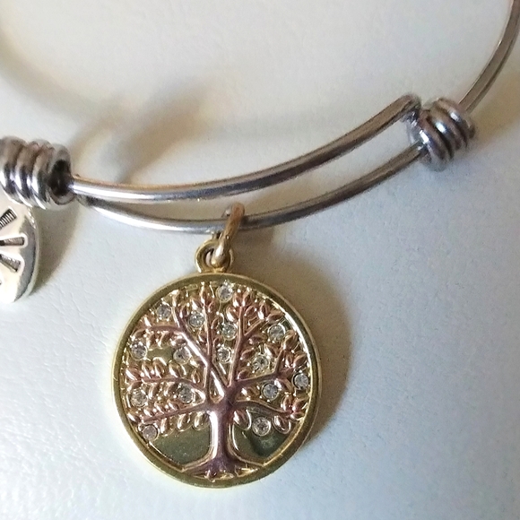 Tree Of Life Charm Bangle Adjustable Two Tone Bracelet - Picture 4 of 15